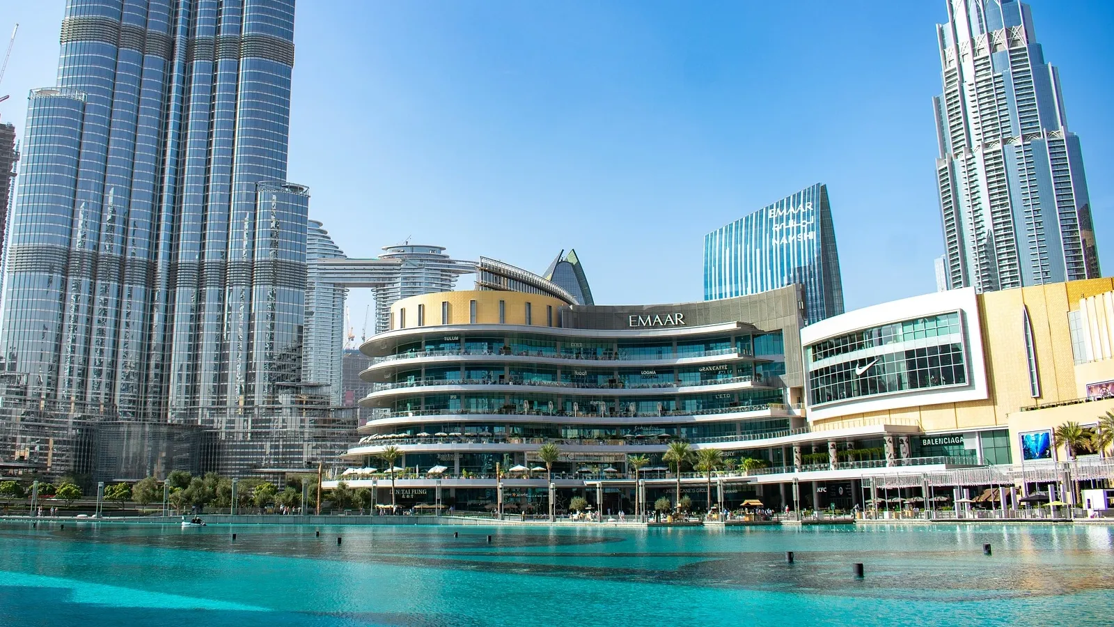 Burj Khalifa and Dubai Mall waterfront in Downtown Dubai.
